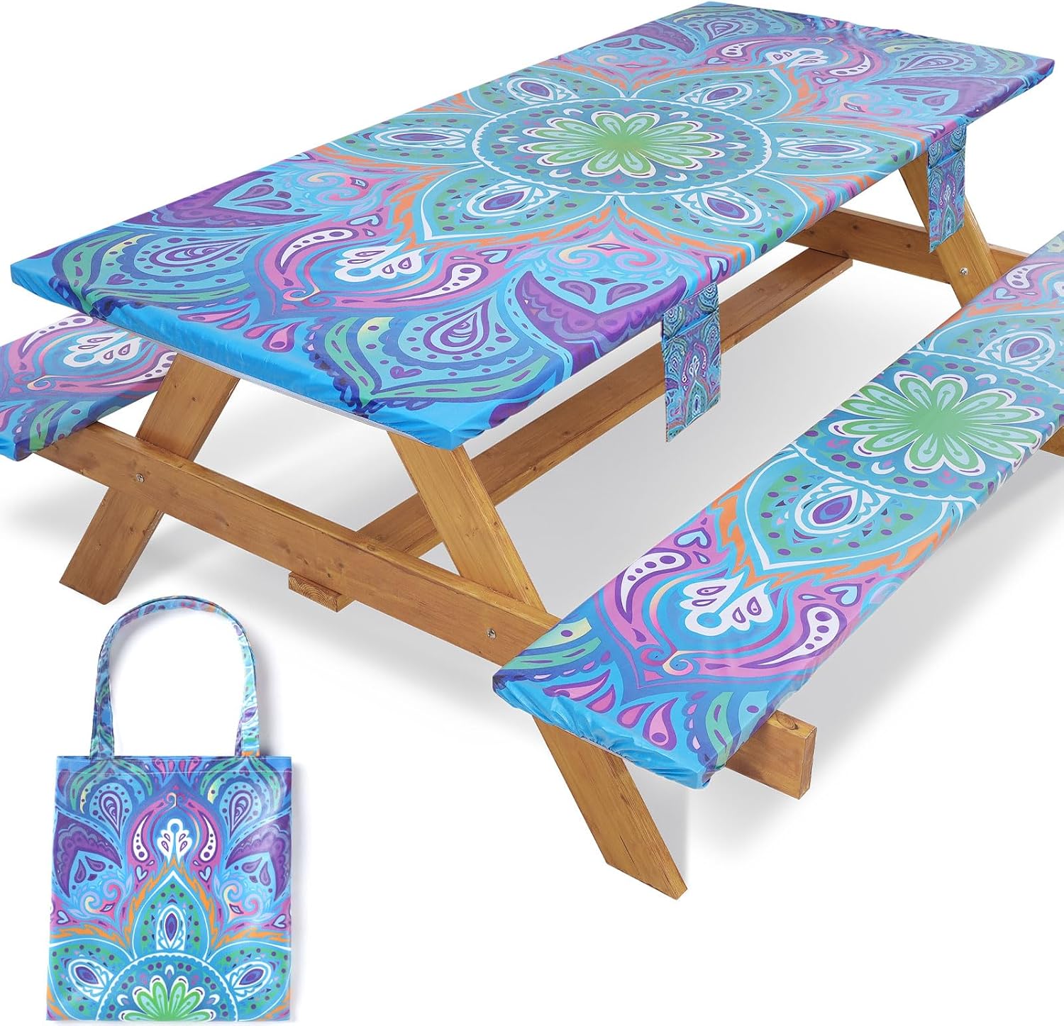 Outdoor Camping Table - Waterproof Picnic Table Cover with Bench